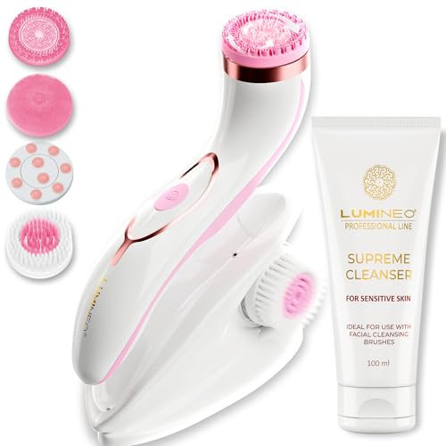 Lumineo brosse nettoyante pour le visage avec gel nettoyant, brosse électrique USB pour le visage pour un nettoyage en douceur et en profondeur (PRO rose (peau sensible))