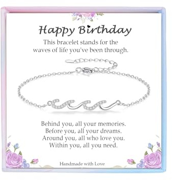 YBISNAIRE Birthday Gifts for Women, Silver Wave Bracelet Gift for Happy Birthday 21st, 30th, 40th, 50th, 60th Birthday Gift Ideas for Women Bestie Friend Sister Mom Daughter Wife Grandma