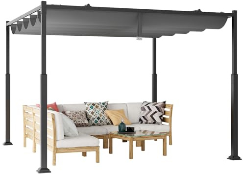 GOPLUS Utdragbar Pergola med Tak, 3,1 x 3,1 m Stor Grillpaviljong med Soltak, Modern Platt Terrassstativ med Markpinnar för Uteplats, Terrass, Trädgård, Veranda, Grå