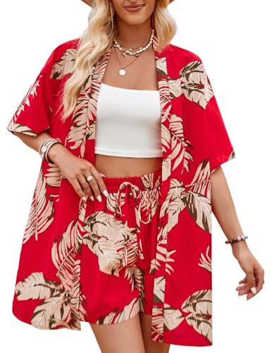 Joyesplay Camicia hawaiana da donna, vestito hawaiano, a maniche corte e a maniche corte per l'estate e la spiaggia, Colore: rosso, XL