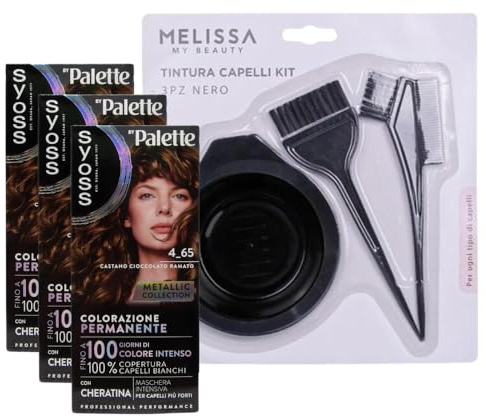 KIT TINTA CAPELLI: 3x Tinta Palette Colorazione Permanente, Crema Colorante Pro, Copertura Capelli Bianchi, Anti-danni + Set Tinta Capelli (4-65 Castano Cioccolato Ramato)