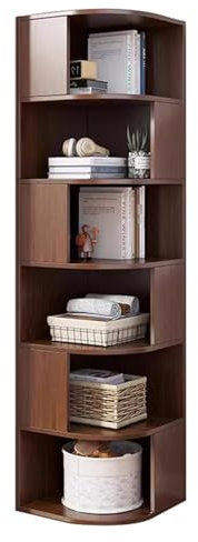 6-Tier Corner Bookshelf, Space-Saving Bookcase with Baffles, Etagere Storage Rack, Stylish Density Board Corner Shelf for Home, Office, Study Room (Brown)