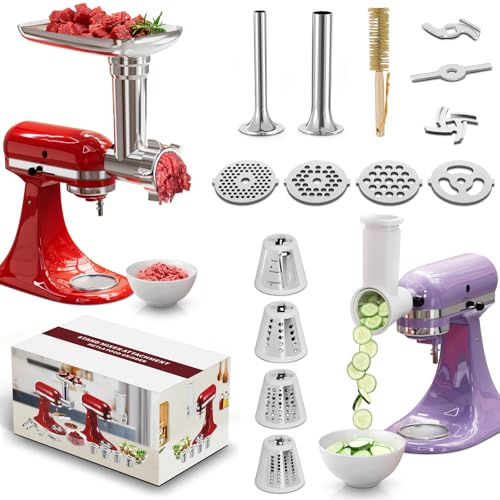 21Pcs Meat Grinder & Cheese Grater Attachment for KitchenAid Stand Mixer, with 4 Grinding Plates, Metal Sausage Stuffer Tubes, 4 Slicer Shredder Attachment, Kitchen Aid Accessories and Attachments