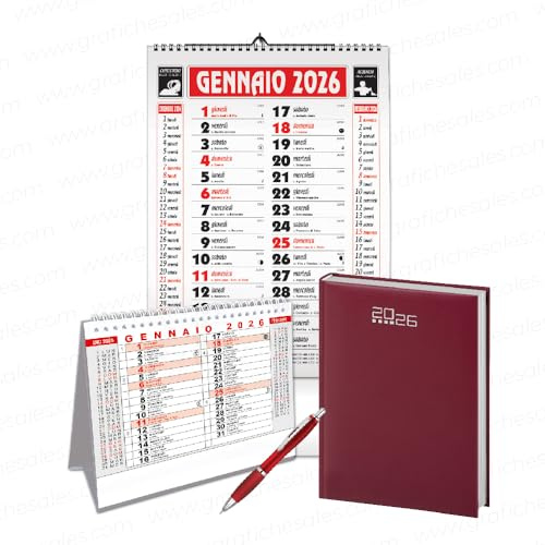 Calendario 2026 | Set da Ufficio 2026 | Calendario da Parete + Calendario da Scrivania + Penna + Agenda Giornaliera (ROSSO)