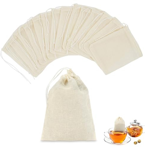 ABOHU Lot de 50 Réutilisable Sachets Filtre a Thé, 8 x 10cm, Sacs à Cordon en Mousseline de Coton, Sacs D'infusion avec Cordon Lavable Sac Infuseurs pour Épices Thé Café Herbes Cuisine