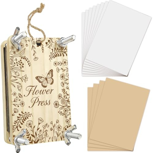 PRESSINART Blompress-set 6,4 x 9,9 cm 4 lager mini blompress fjäril trä fickpress verktyg pysselset vår sommar gör-det-själv blombukett bladkonservering konst för