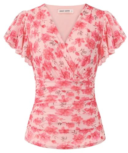GRACE KARIN Camicette da donna floreali Boho Top corto con maniche a volant avvolgente tunica camicetta primavera estate per uscire top