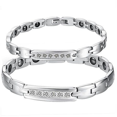 Cupimatch Pulsera Plata Hombre Mujer: 2 Piezas Brazalete Pareja Circón Cadena Acero Inoxidable Cierre Magnético Ajustable - Regalos de Cumpleaños Joyas Navidad San Valentín Aniversario