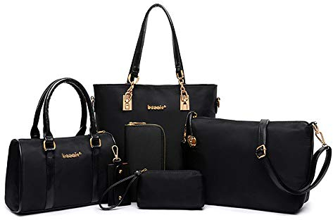 AlwaySky Nylon Damen Schultertasche Henkeltaschen Handtasche Tote Geldbörse Brieftasche Schlüsselfall Sechsteiliges Set Schwarz