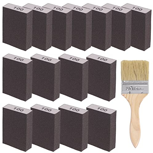 Glarks Juego de 16 esponjas de lijado de grano 100, 15 unidades de 10 x 7 x 2,5 cm, lavables y reutilizables, y 1 cepillo de pintura, ideal para trabajos de madera, pulido de metal de paneles de yeso