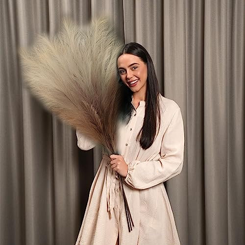 Flossophy 110cm Tall Pampas Grass Artificial Grass Plant Feathers for Vase - 3-Stem Gradient Colour Effect Large Pampas Bouquet - Extra Tall Faux Decor (Cream/Brown Gradient)