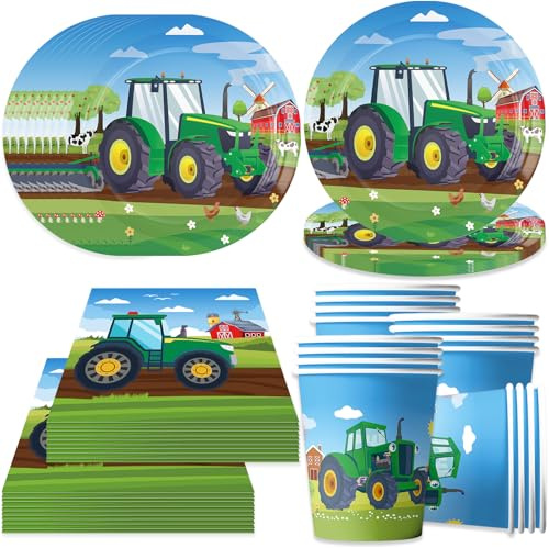 Bikasun Tractor Party Supplies Tableware Set, Tractor Birthday Party Decorations, Farm Tractor Plates, Cups, Napkins for Tractor Party Decor, Kid's Birthday Party Supplies, Serves 16
