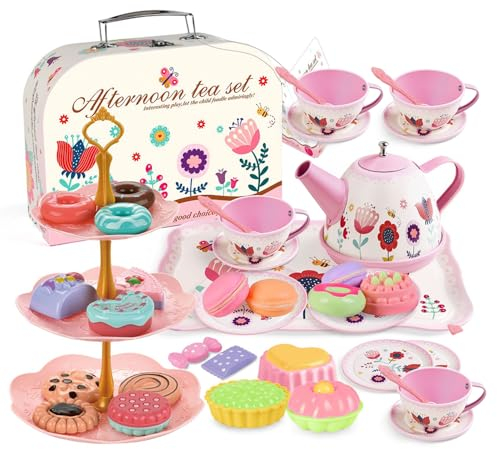 Fivtsme Teeservice Kinder Metall, 46-Teiliges Puppengeschirr Teeservice Metall, Tee Party Set Kinder, Teeservice Prinzessin mit Koffer, Teeservice Set Kinder Rollenspiele für Mädchen Jungen ab 3 Jahre