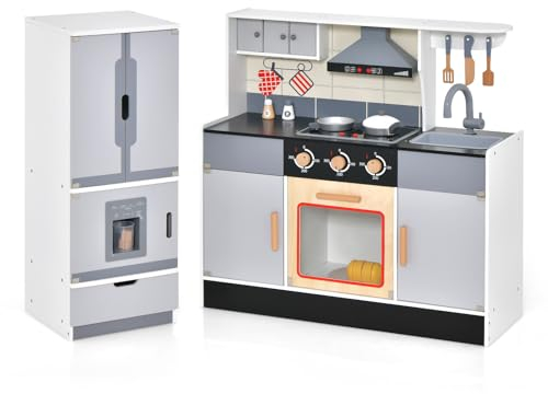 COSTWAY Kids Play Kitchen, 2-Piece Wooden Pretend Cooking and Refrigerator Playset with Sink, Realistic Light & Sound, Accessory Utensils, Children's Chef Role Play Set for Boys Girls
