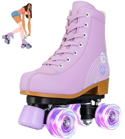 Jessie Roller Skates Women and Girl, PU Leather Light up Kids Roller Skates, Cute Adjustable Four-Wheel Beginner Wome Roller Skates Girls Ages 8-12 Outdoor (Women's 8.5,Purple Printing)