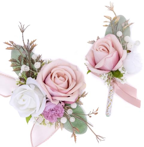 Fnize Pink Corsage and Boutonniere Set for Bride Groom Bridesmaids Groomsmen Wedding Homecoming Flowers Prom Suit Accessories, Rose Boutonniere and Wrist Corsage Flower