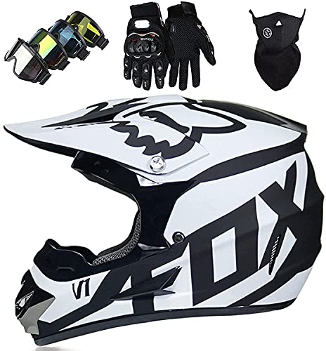 NIKSHI Motorradhelm Kinder Offroad Motorradhelm Set Mit Brille Handschuhe Fahrradhelm Unisex Integral Crosshelm Downhill Vierer Ausdauer ATV Mountainbike Schutzhelm,White-L =（56〜57CM）
