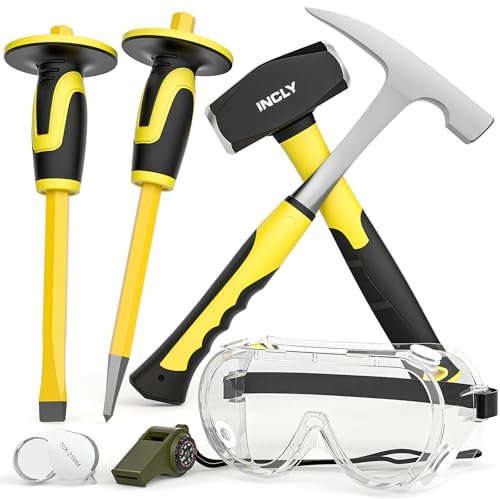 INCLY 7 Pcs Geology Rock Pick Equipment Kit, 3lb Sledge &32 oz Rock Hammer with 2PCS 12 Mason Concrete Chisel.Safety Glasses, Jewelers loupe, Tool Set for Fossil Hunting, Hounding, Stone Breaking
