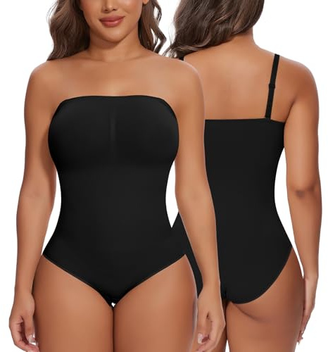 SHAPERIN Women Strapless Shapewear Bodysuit Tummy Control Push Up Shaping Bodysuit Seamless Body Shaper Compression Leotard Bandeau Bodysuit Top, Black, XL