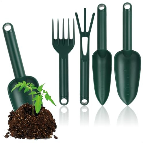 com-four® 4-teiliges Gartenwerkzeug-Set aus stabilem Kunststoff - Breiter Kelle, schmaler Kelle, Handharke und Grubber für Pflanzen und Garten-Arbeit (Set 1-4-teilig)
