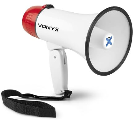 VONYX MEG018 Mégaphone Compact 18W, Idéal pour Manifestations et Matchs Sportifs - Jusqu’à 600 Mètres, Fonctions Enregistrement et Sirène, Poignée avec Dragonne, Réglage du Volume
