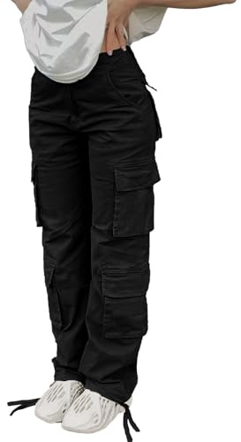 SDNGED Women's High Waisted Cargo Pants Travel Y2K Streetwear Baggy Stretchy Pants with Pockets Drawstring Ankle Cuffs Black