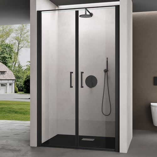 doporro Porte de Douche Pivotante 140x195cm pour Niche Paroi de Douche Transparente Verre de 8mm avec Revêtement Anti-calaire Teramo66K Profilé Noir