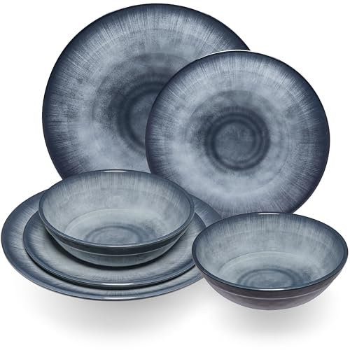 Service de vaisselle en mélamine Jesolo Gris pour 2 personnes - 6 pièces - Aspect grès - Passe au lave-vaisselle - Vaisselle de camping - Accessoires de camping - Vaisselle pour caravane - Camping