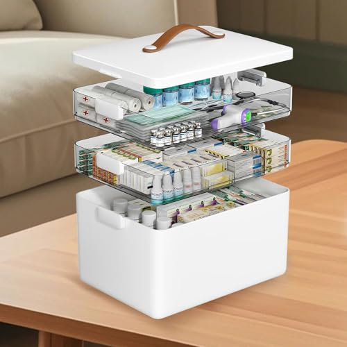 Revneey Dreilagig Medikamenten Aufbewahrung,Große Kapazität Medizinbox,Tragbar Mit GriffMultifunción Medikamentenbox,Hausapotheke Box Gross Für Familiennotfälle, Zuhause, Reisen, Weiß,34x22x25.5cm