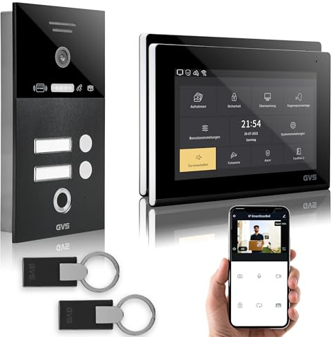 GVS - IP Video Türsprechanlage 2-Familienhaus mit Türöffner (RFID & Fingerprint), HD Kamera, 2X 7 Zoll Monitor & App - Smarte Video Türklingel mit Kamera & Gegensprechanlage (AVS5288U)