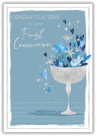 IC&G First Communion Congratulations Card for Boys with Star and Hearts Communion Cup Design and an Embossed Foil Finish