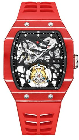 JDLERMY Montre pour homme avec mouvement tourbillon volant, cadran squelette, mouvement mécanique, remontage manuel, cristal saphir, lunette vintage en fibre de carbone, étanche, bracelet en
