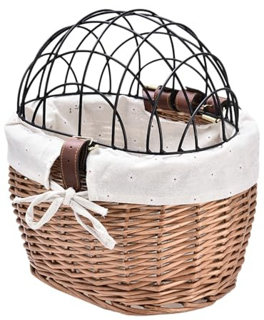 Generisch Panier à vélo pour chat - Porte-chien - Panier à vélo tissé Willow avec couvercle en maille métallique - Guidon amovible - Support pour animaux de compagnie pour chiens et chats - Panier de