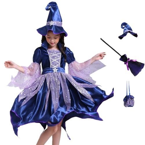 Elegant Witch Costume for Girls Halloween Dress Up Play Stage Performance Gothic Storybook Gown Masquerade Tutu Dress Children's Halloween Witch Costume Set Includes Dress + Hat + Broom + Bag Navy