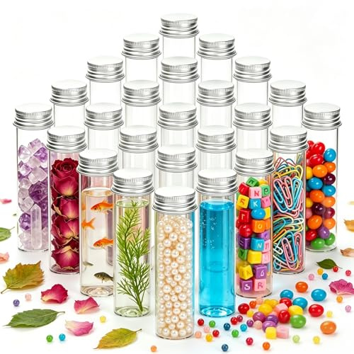 Rliocvhe 20 Piezas 50ml Tubos de Ensayo Cristal con Tapon de Rosca,Probeta Vidrio Transparente,Botellas de Cristal Pequeños,para Flores, Golosinas, Laboratorio, Sal de Baño