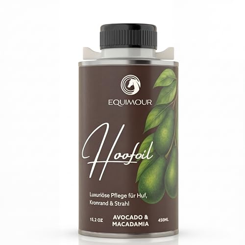 Equimour Olio di zoccolo con pennello per cavalli – Avocado & Macadamia – Cura degli zoccoli con vitamina E – per zoccolo, bordo della corona & fascio – lucentezza naturale & aspetto curato – 450 ml