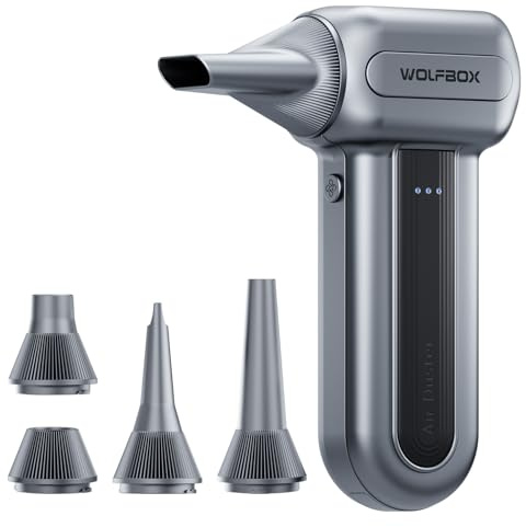 WOLFBOX MF70 tryckluftsspray 110 000 RPM, PC och tangentbord rengöringsset | Elektrisk, batteri, 300 min körtid, för bil, överhettningsskydd, 3-växlad kontor, verkstad, USB-C, 230 g, 5 munstycken
