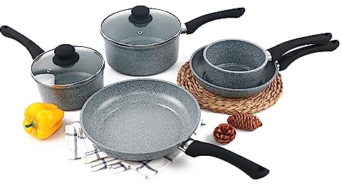 5 Piece Grey Forged Carbon Steel Cookware Set - Includes 2X Frying Pans and 3X Saucepans - Speckled Marble Ceramic Non-Stick Kitchen Set