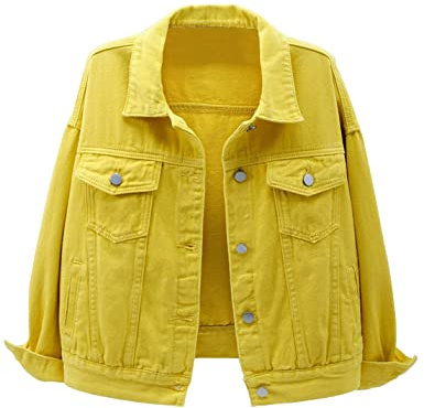 Locachy Women's Casual Denim Jacket Solid Color Basic Long Sleeve Jean Jacket Coat Yellow M