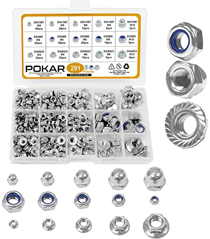 POKAR Écrou a Sertir Hexagonal Acier Écrou de Blocage Contre-Ecrou Boulon Visserie Collerette Embase Crantée Set, 291 Pièces