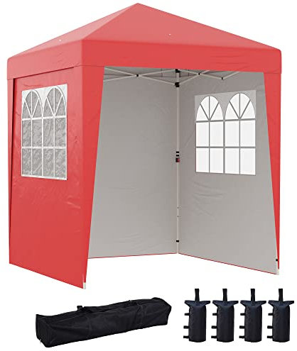 Outsunny Klappbare Gartenlaube Pop-up 2 x 2 m Partyzelt höhenverstellbar 3 Stufen Anti-UV 30+ 3 Seitenwände mit 4 Sandsäcken und 1 Tragetasche Oxfordgewebe Stahl rot