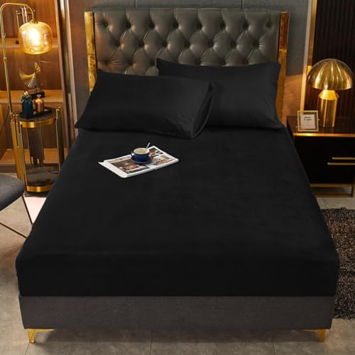 Sábana bajera de invierno 120x200cm Negro Cálida Sábana de Terciopelo Rizo Franela Sábanas bajeras Acogedora Suave Patrón Liso Sábana 120 x 200 para Cama con Somier Colchón Alto