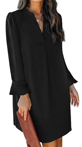 JOCAFIYE V-Ausschnitt Langarm Kleid Frauen V-Ausschnitt Langarm Frühling Herbst Mini Kleid Atmungsaktiv Weiche Hautfreundliche Bequeme Tunika Kleid Schwarz L
