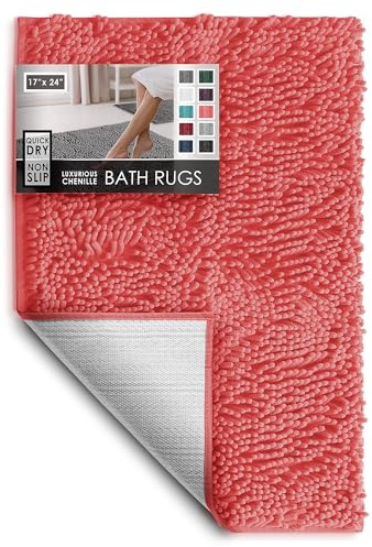 Hearth & Harbor Bathroom Rugs, Chenille Bath Mat - Machine Washable Bath Mats for Bathroom Non-Slip Backing Rubber, Quick Dry Bathroom Mat, Small Rose