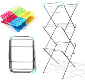 Laundry Mate Extendable Clothes Airer with 20 Pegs – 3 Tier Foldable Laundry Rack for Indoor & Outdoor Use - 12m Drying Space Clothes Horse Dryer Rack with Non-Slip Feet, Water & Rust-Resistant