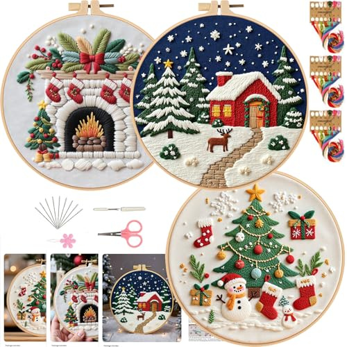 Smart-fjäder broderisats för semester, handbroderikit för julstuga med ring, gör-det-själv konst projekt hantverkskit (välkommen)