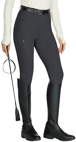WILLIT Leggings da equitazione da donna, in silicone, con inserti completi, a vita alta, elasticizzati, con tasca con cerniera, passanti per cintura, grigio scuro, S