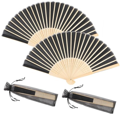 Vaktop Handfächer, 2er Klein Handfächer aus Stoff für eine Abkühlung im Sommer, Faltbar Fächer mit Fan-Tasche - für Hochzeite Bevorzugung Aufführung Tanz Dekoration (Schwarz)