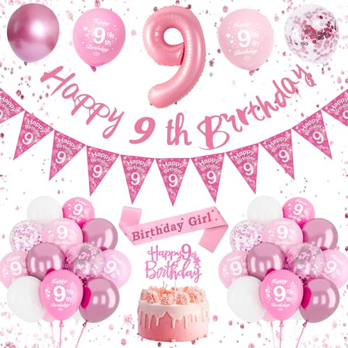 9:e födelsedagsdekorationer för flickor – rosa ballonger, grattis på födelsedagen-banderoll, siffra 9-ballong, skärp, tårtdekoration, festtillbehör för 9-åringar