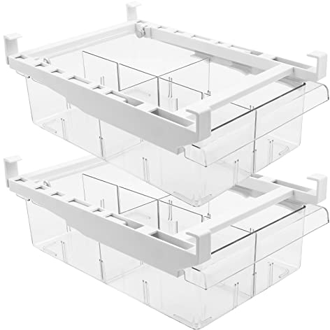 Xaztr 2 Pack Fridge Drawer Organizer, Clear Fridge Drawers Pull-Out Storage, Refrigerator Organizer Bins Plastic Storage Box with 4 Divided Sections, Fit for Fridge Shelf Under 0.6